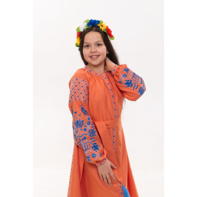 Детское платье кирпичное с синей вышивкой