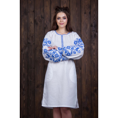 Біле плаття з синьою вишивкою